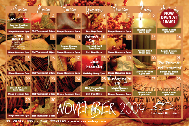 Divi Carina Bay Casino's Schedule for November